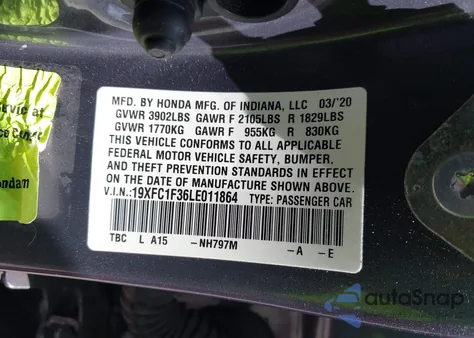 2020 Honda Civic Ex z USA, uszkodzony, nr VIN 19XFC1F36LE011864